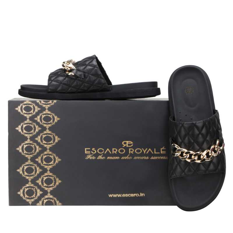 The Raffles quilted Sliders in Black - Escaro Royale