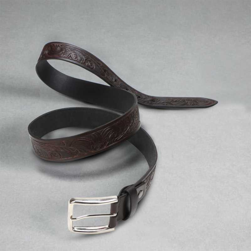 Christiano Hand Crafted Hand Tooled Leather Belt in Black-Brown - Escaro Royale