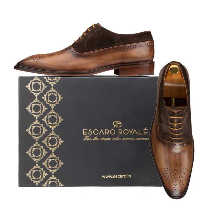 Brown-Tan Medallion Suede Oxford - Escaro Royale