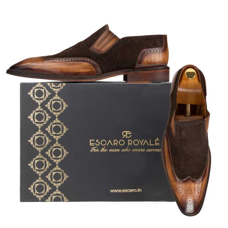 Brown-Tan Wingtip Slip On - Escaro Royale