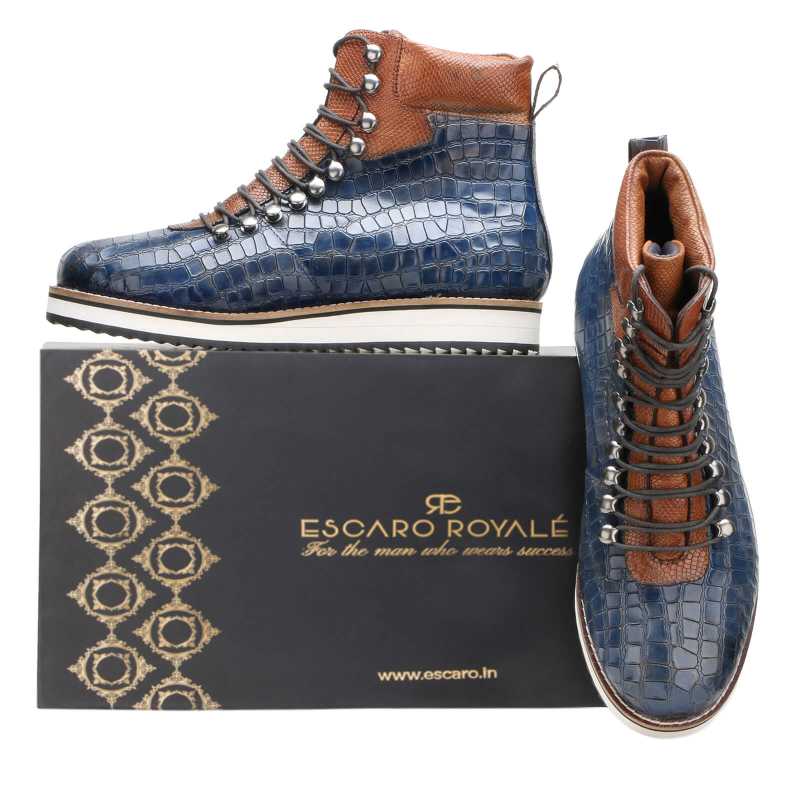 Noa Textured Hiker Style Laceup Boots - Blue - Escaro Royale