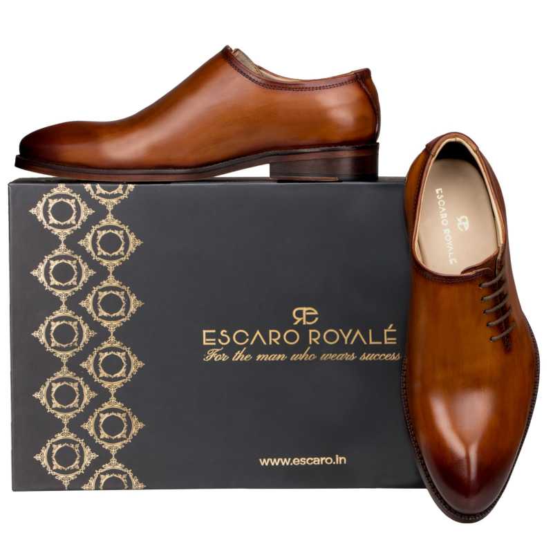 Side Lace-Up Wholecut Oxfords in Cognac - Escaro Royale