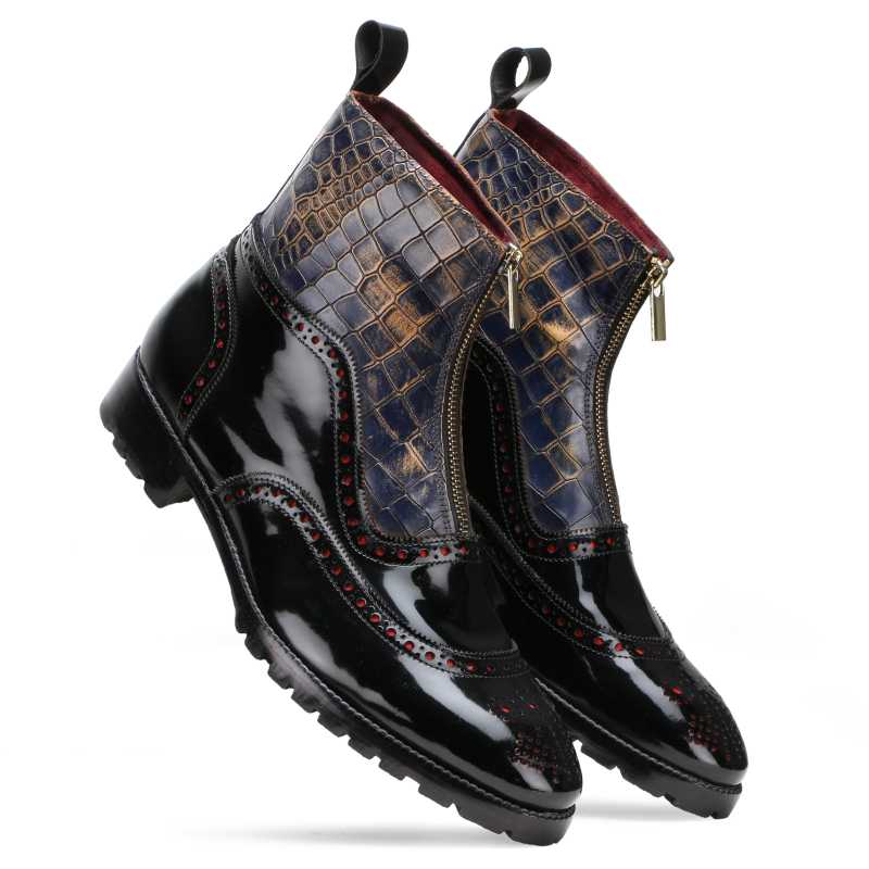 Ripper Black Deepcroc Zipper Leather Boots - Escaro Royale