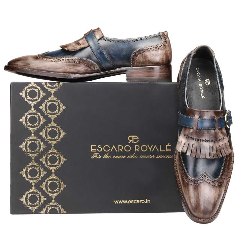 MARK Goodyear Welted Fiddleback PATINA SLIP ON SHOES IN BROWN AND BLUE - Escaro Royale