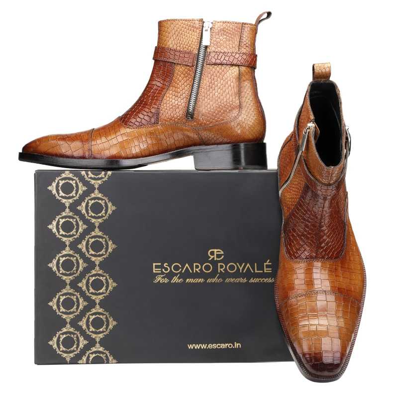 Noble Ankle Boots with Zipper in Cognac - Escaro Royale