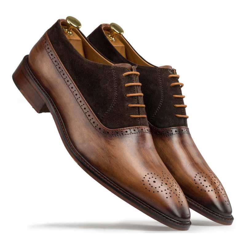 Brown-Tan Medallion Suede Oxford - Escaro Royale