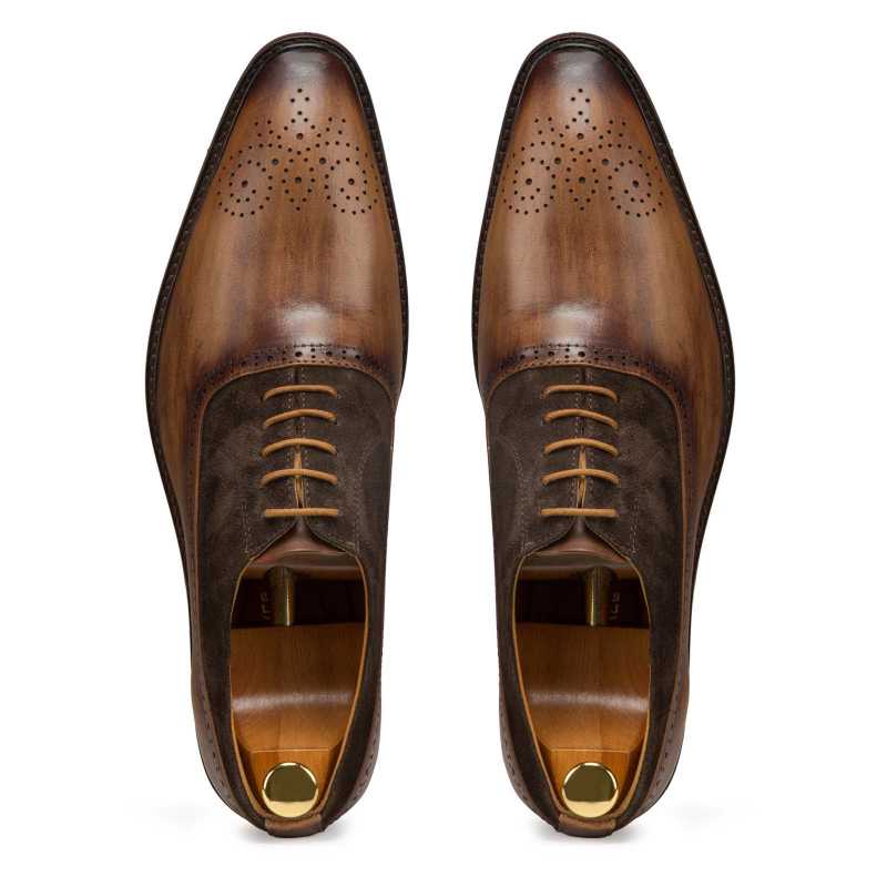 Brown-Tan Medallion Suede Oxford - Escaro Royale