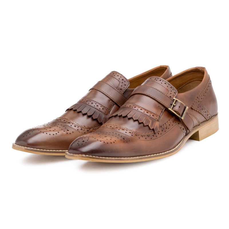 Burnished-Brown Full Grain Leather Kiltie Monkstrap shoes - Escaro Royale