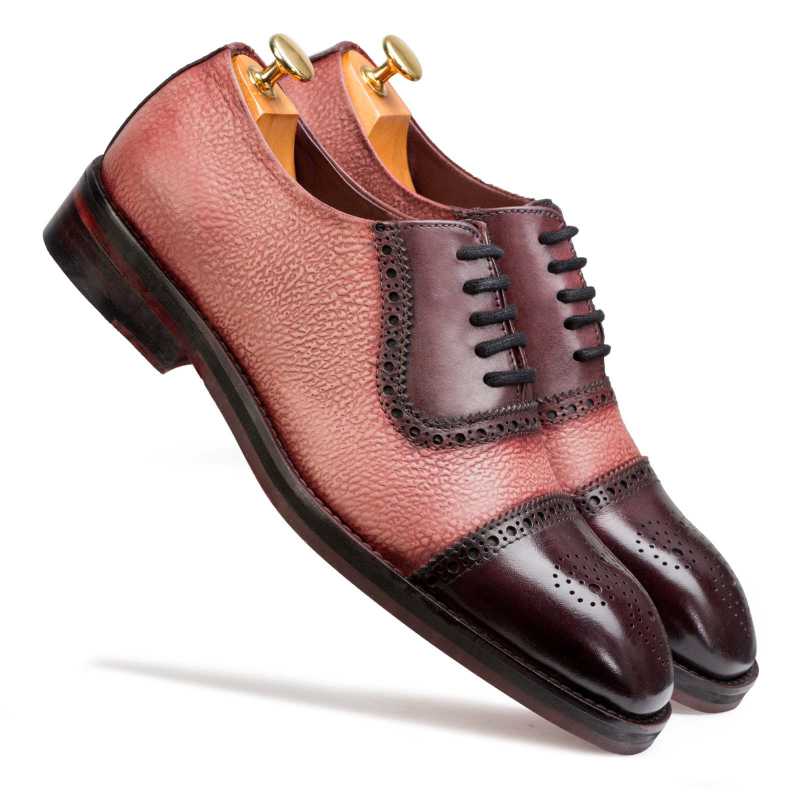 “Carlo” Medallion Captoe Dual-Textured Cherry Oxford - Escaro Royale