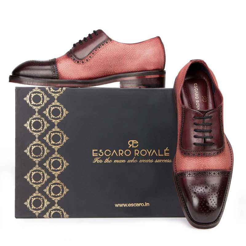 “Carlo” Medallion Captoe Dual-Textured Cherry Oxford - Escaro Royale