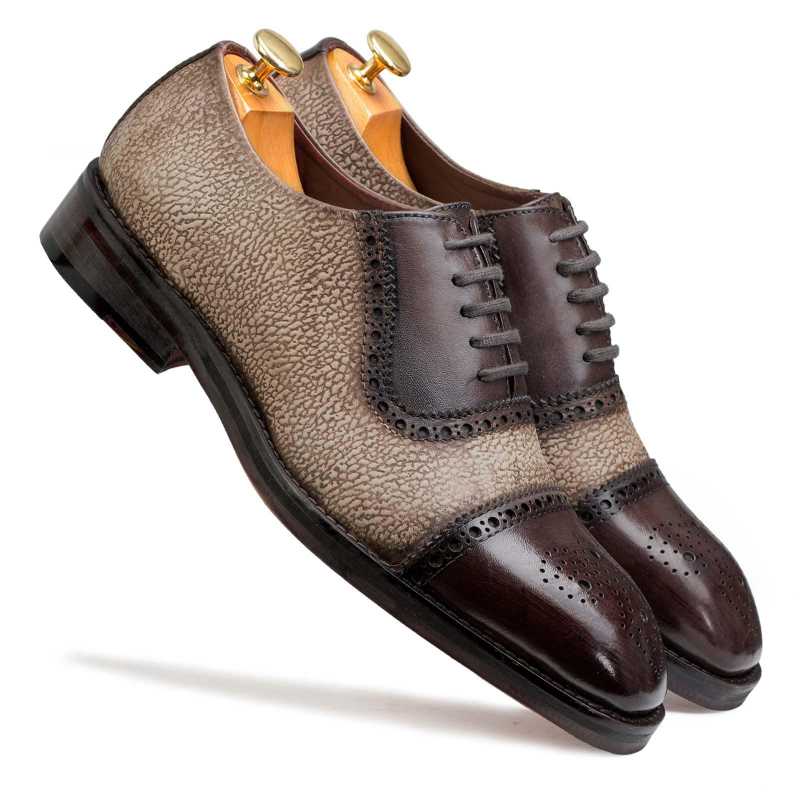 Carlo Medallion Captoe Dual-Pattern Brown Oxford - Escaro Royale