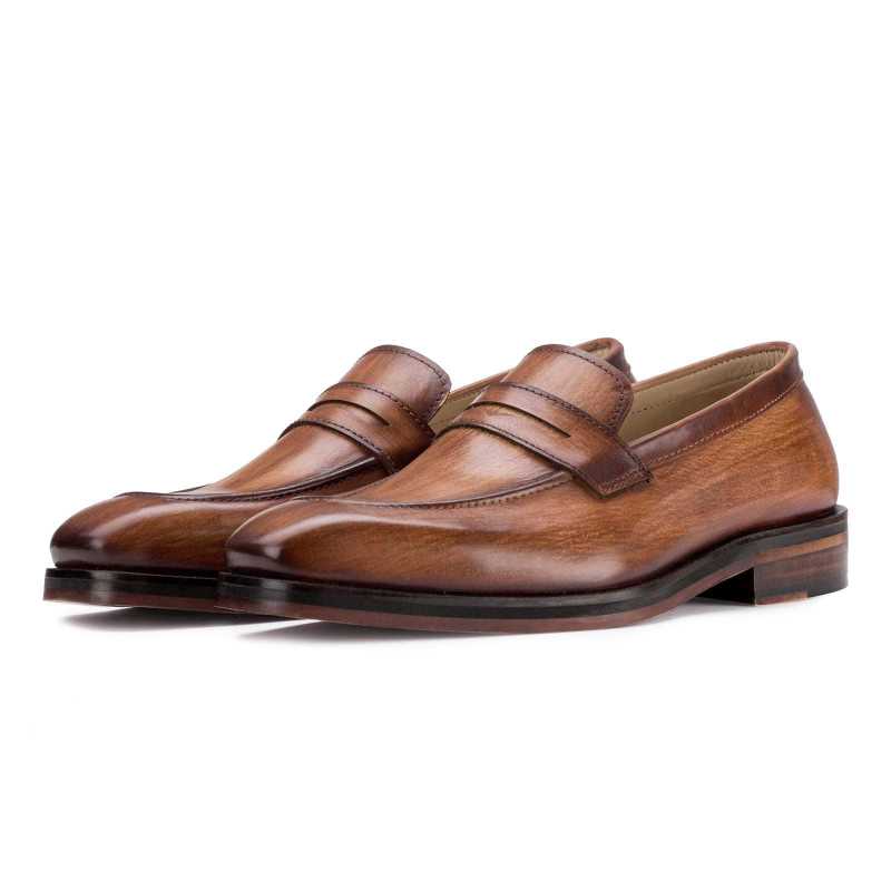 Wooden Finish Handpainted Tan Penny Loafer - Escaro Royale