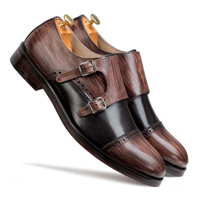 Brown-Black Wooden Finish Double Monkstrap - Escaro Royale