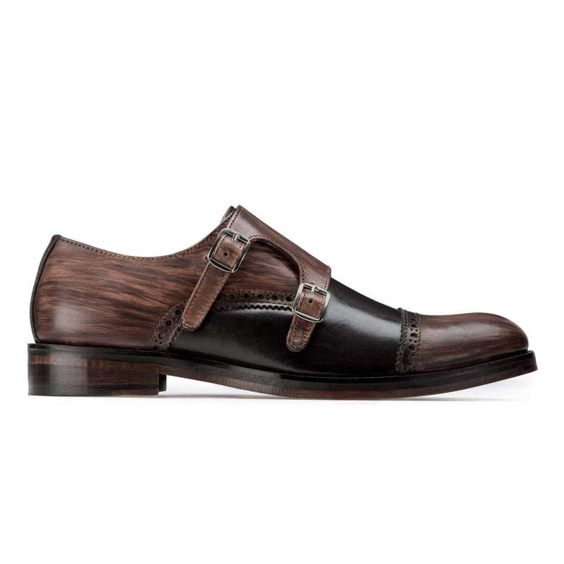 Brown-Black Wooden Finish Double Monkstrap - Escaro Royale