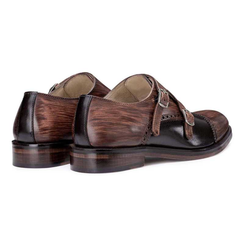 Brown-Black Wooden Finish Double Monkstrap - Escaro Royale