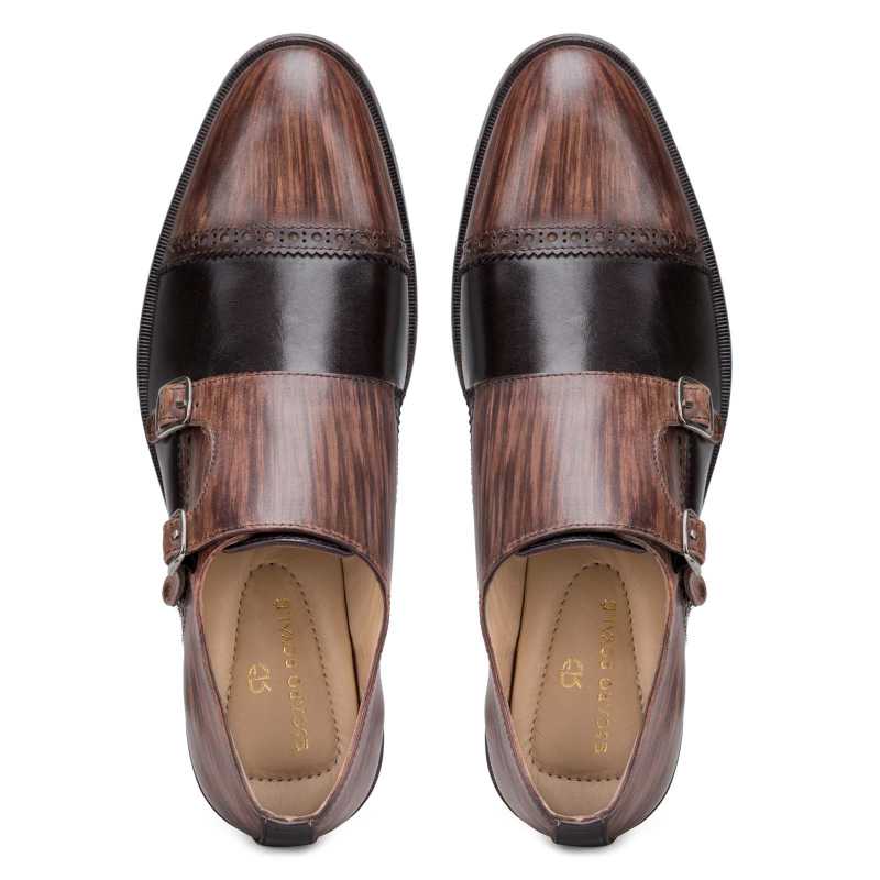 Brown-Black Wooden Finish Double Monkstrap - Escaro Royale