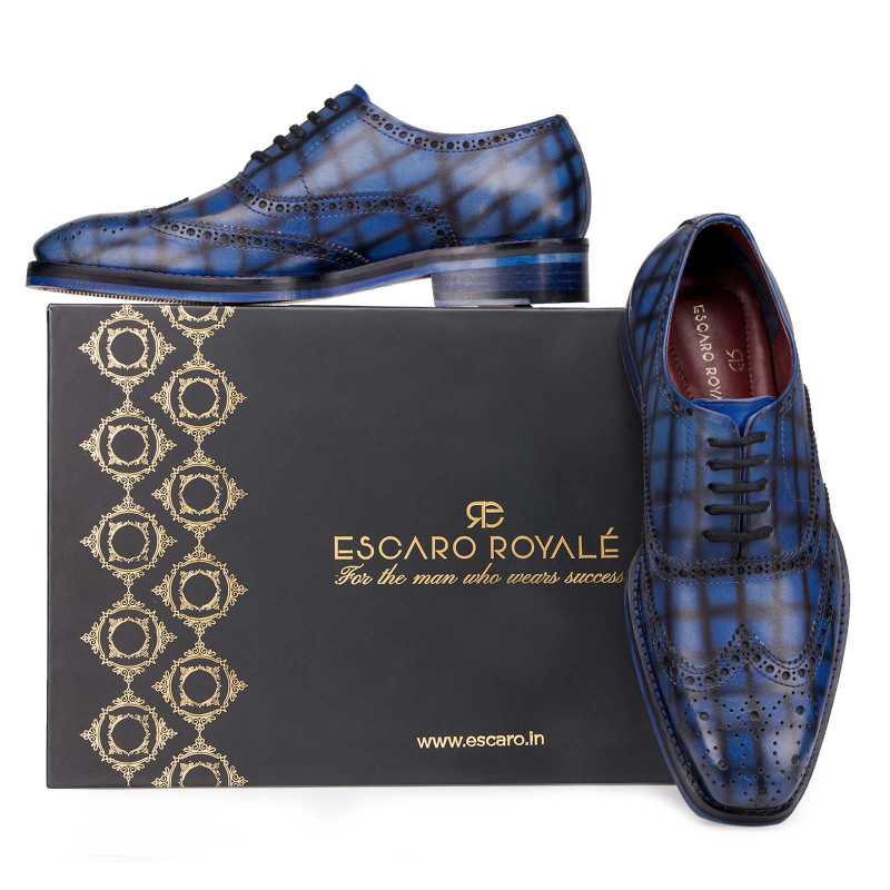 Corleone Handpainted Check Blue Brogues - Escaro Royale