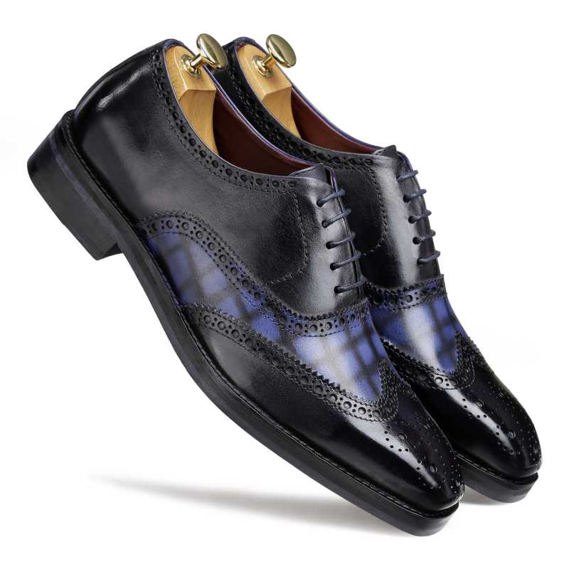 Amato Handpainted Black & Blue Check Brogues - Escaro Royale