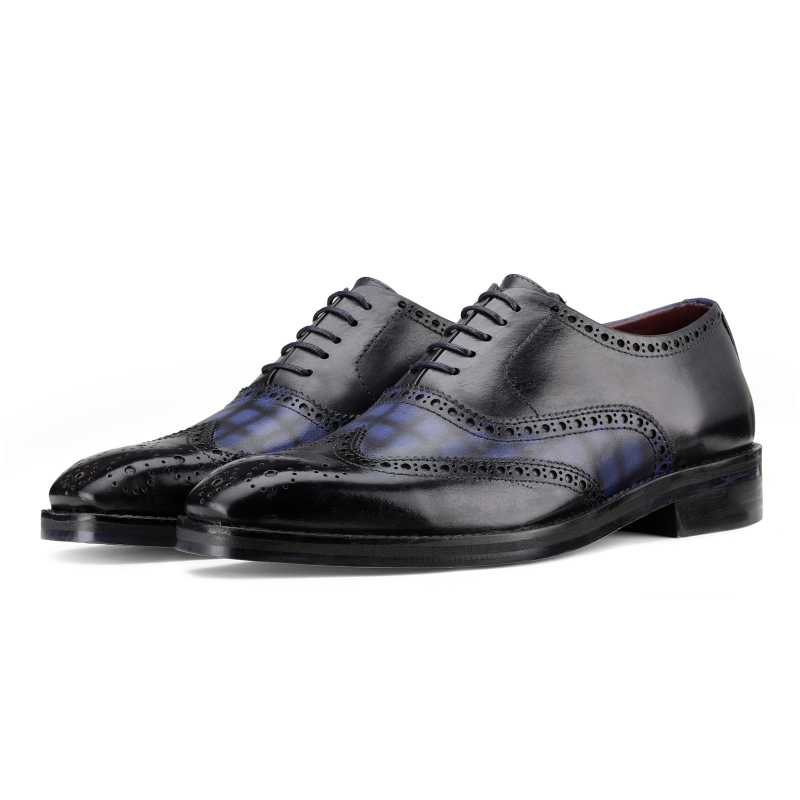 Amato Handpainted Black & Blue Check Brogues - Escaro Royale