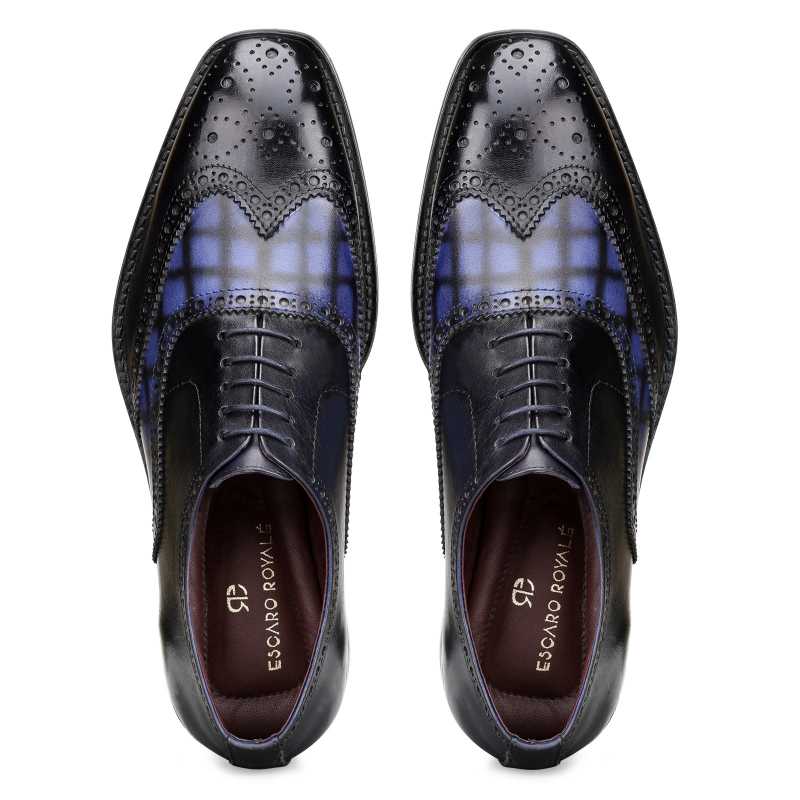 Amato Handpainted Black & Blue Check Brogues - Escaro Royale