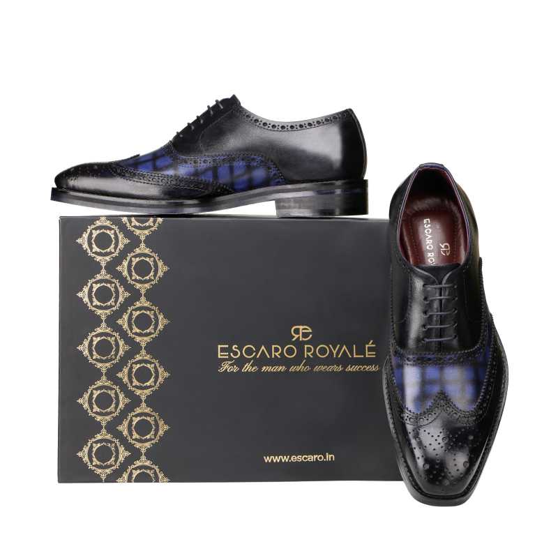 Amato Handpainted Black & Blue Check Brogues - Escaro Royale