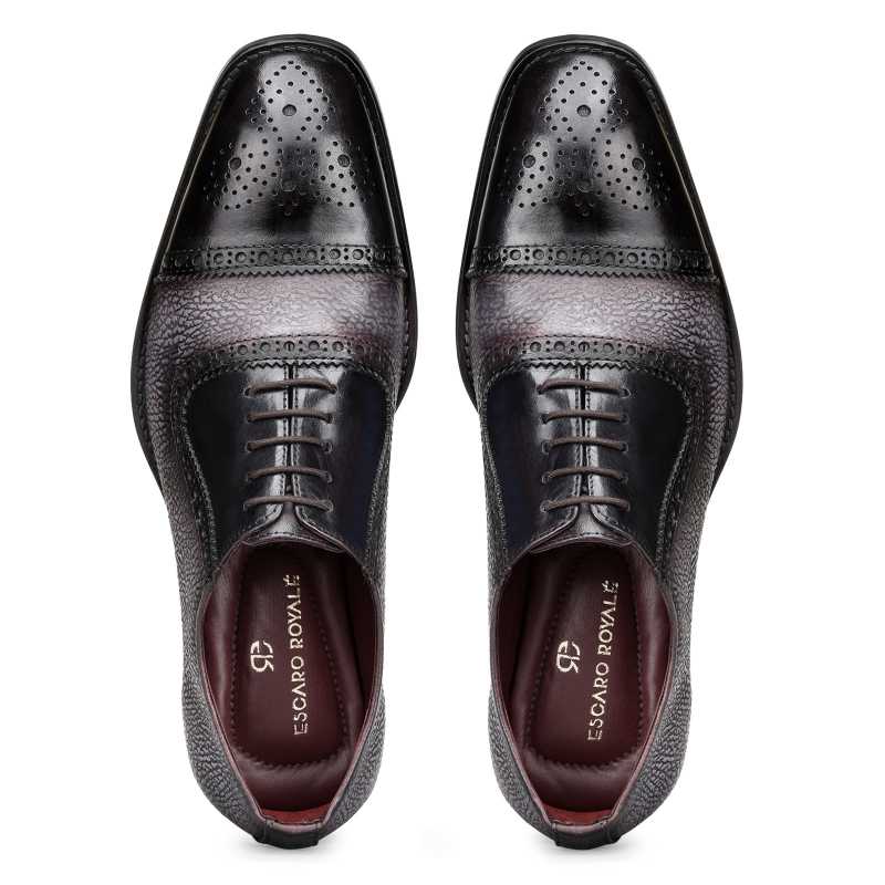 Coppa Medallion Captoe Dual-Textured Black Oxfords - Escaro Royale