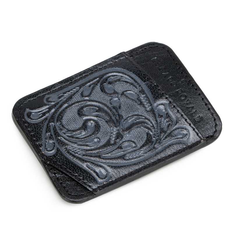 The ATHENS Hand-Tooled Leather Cash Card Holder in Black - Escaro Royale
