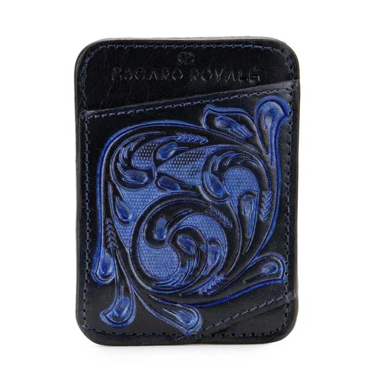 The ATHENS Hand-Tooled Leather Cash Card Holder in Blue - Escaro Royale