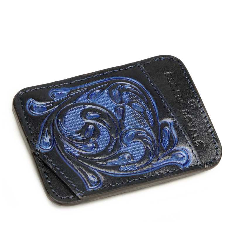 The ATHENS Hand-Tooled Leather Cash Card Holder in Blue - Escaro Royale