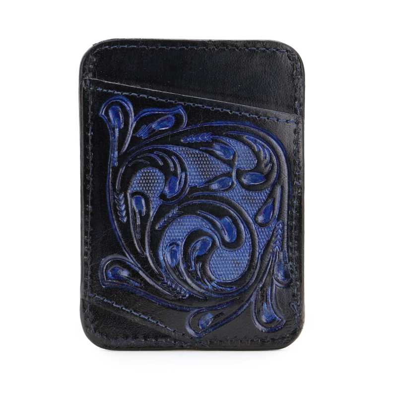 The ATHENS Hand-Tooled Leather Cash Card Holder in Blue - Escaro Royale
