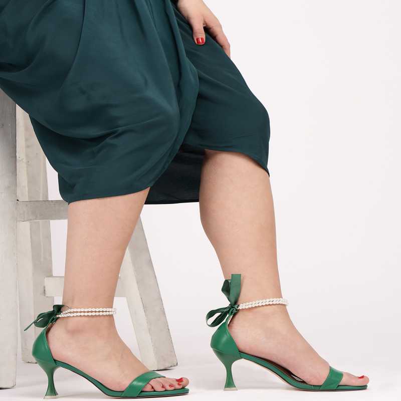 Elisa Pyramid Heel Pearl Ankle-Strap Green 1022 - Escaro Royale