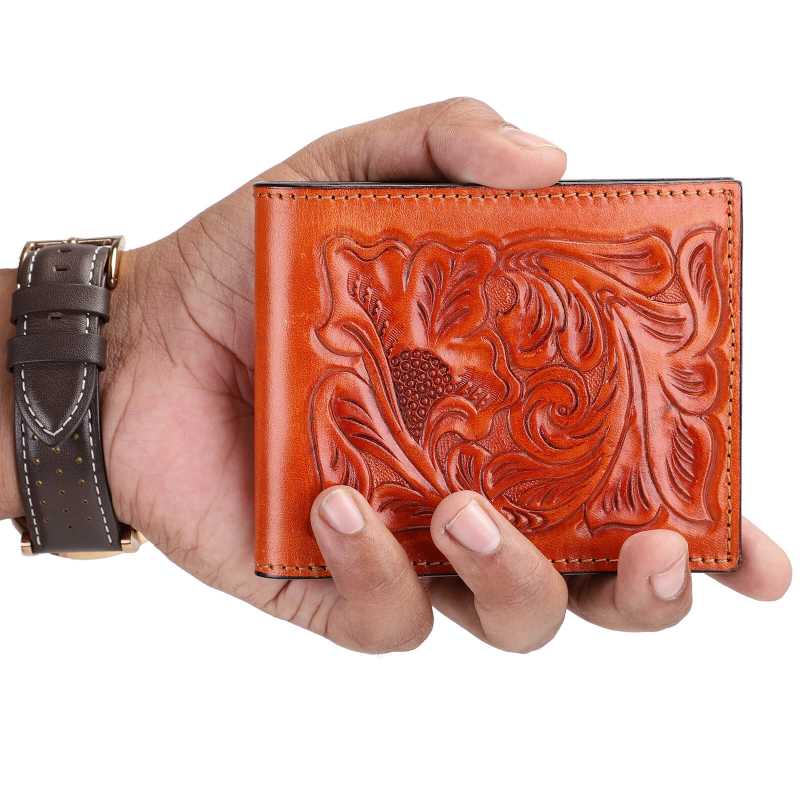 The Emboss Hand-Tooled Leather Bi-Fold Wallet - Escaro Royale