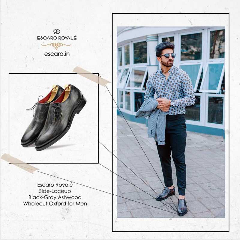 Side-Laceup Black-Gray Ashwood Wholecut Oxford - Escaro Royale